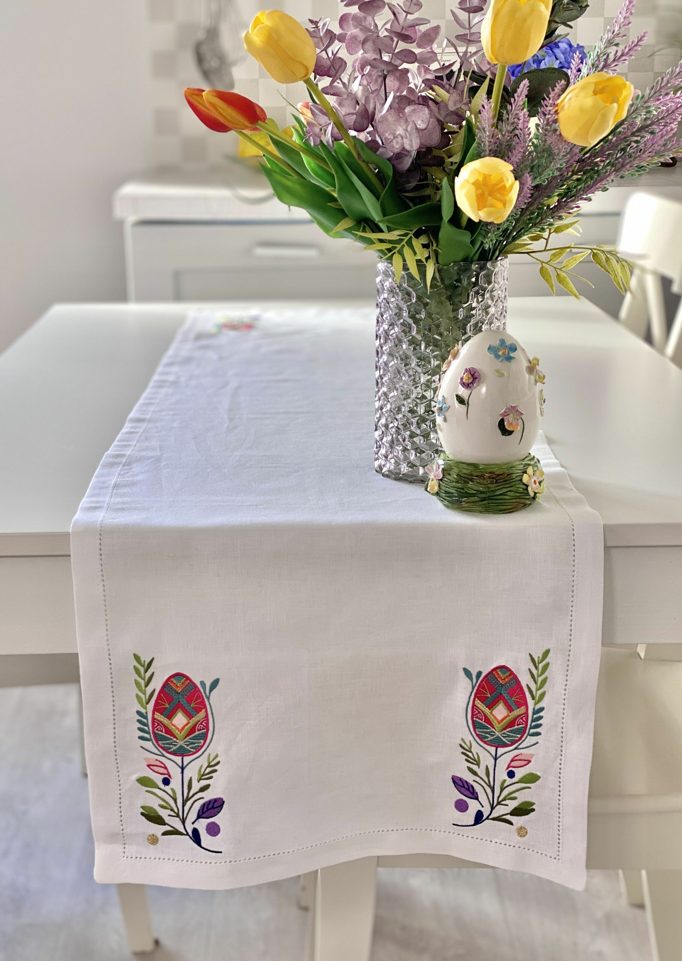 Доріжка на стіл з вишивкою COLOURFUL SPRING, 40x140, Прямокутна, Великодній, Вишивка, 100% льон