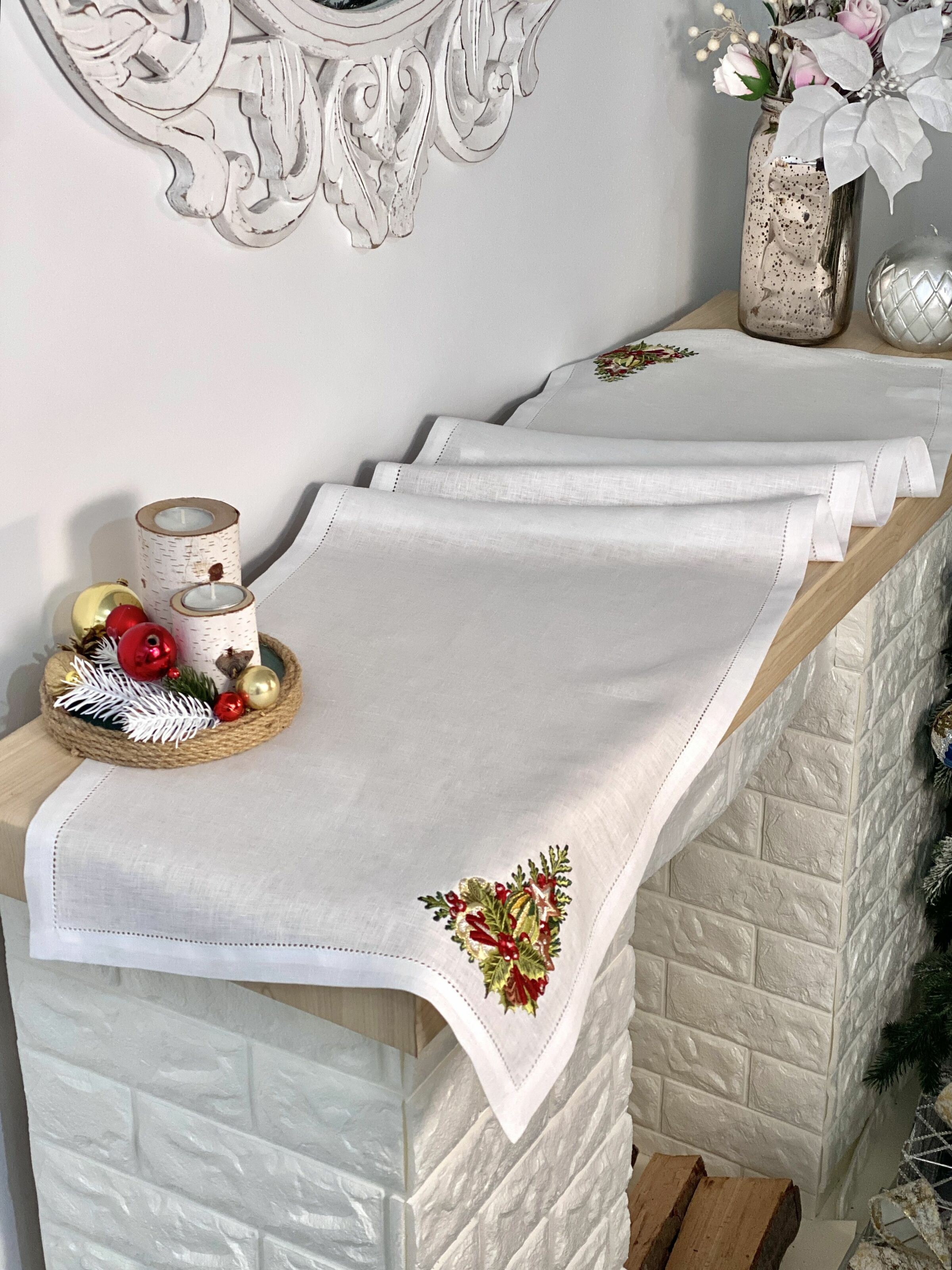 Доріжка на стіл з вишивкою XMAS DECOR, 40x140, Прямокутна, Новорічний, Вишивка, 100% льон