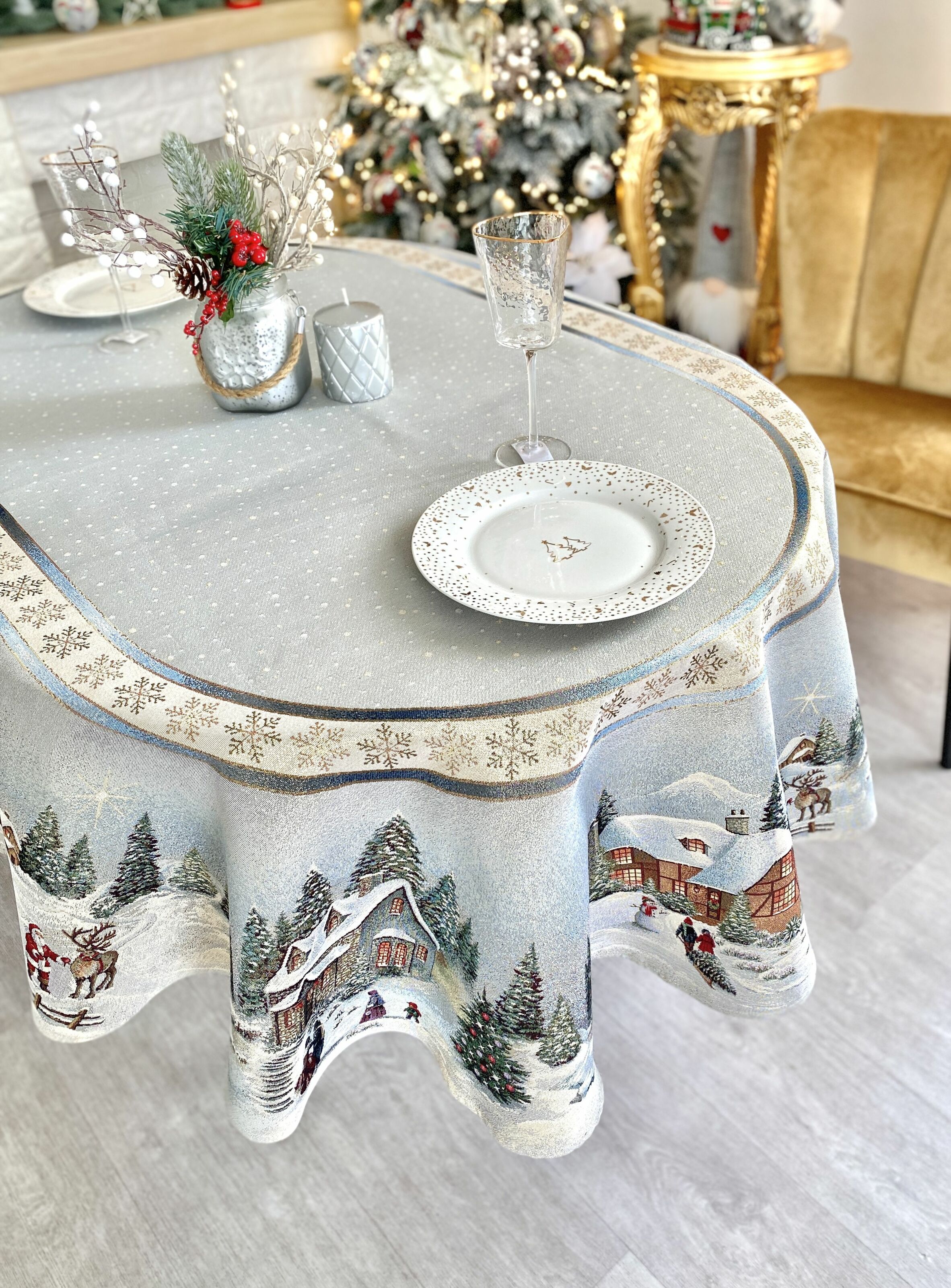 Скатертина гобеленова овальна OVAL723 Різдво в Карпатах Limaso, 160x220, Овальна, Новорічний, Золотий люрекс, 70% поліестер, 23% бавовна, 3% акрил, 4% металеве волокно, Гобелен - фото 9