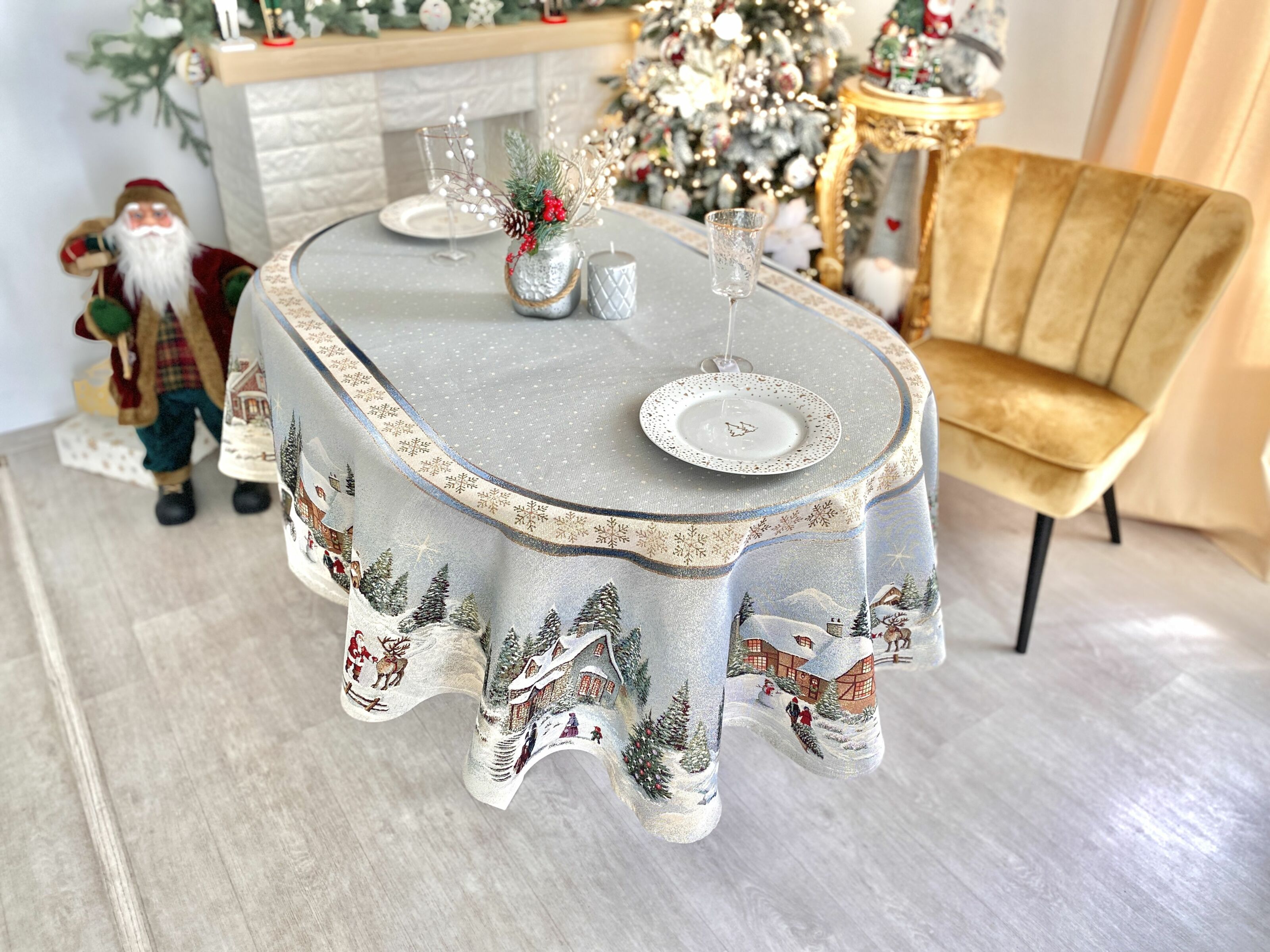 Скатертина гобеленова овальна OVAL723 Різдво в Карпатах Limaso, 160x220, Овальна, Новорічний, Золотий люрекс, 70% поліестер, 23% бавовна, 3% акрил, 4% металеве волокно, Гобелен - фото 10