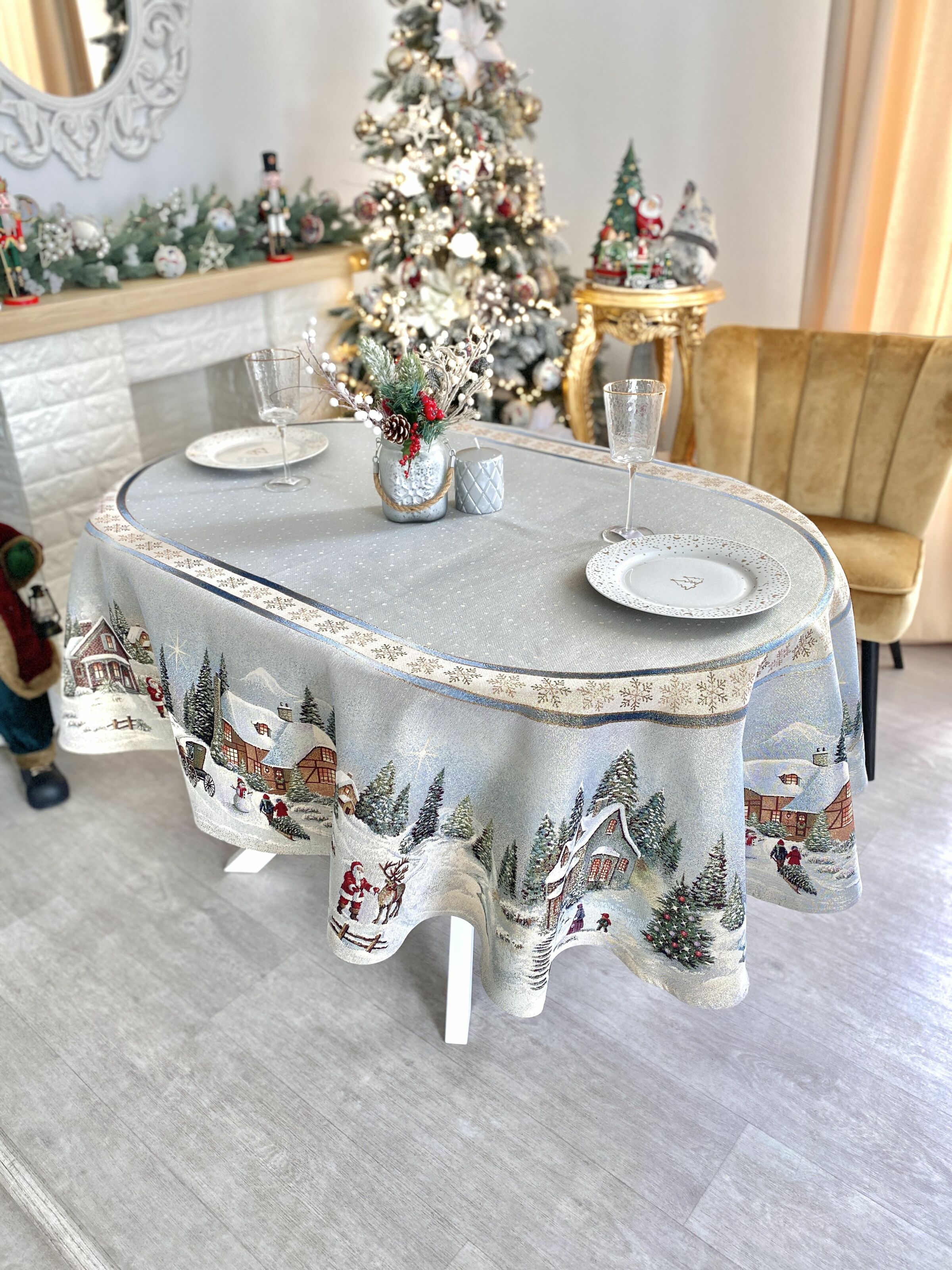 Скатертина гобеленова овальна OVAL723 Різдво в Карпатах Limaso, 160x220, Овальна, Новорічний, Золотий люрекс, 70% поліестер, 23% бавовна, 3% акрил, 4% металеве волокно, Гобелен - фото 11
