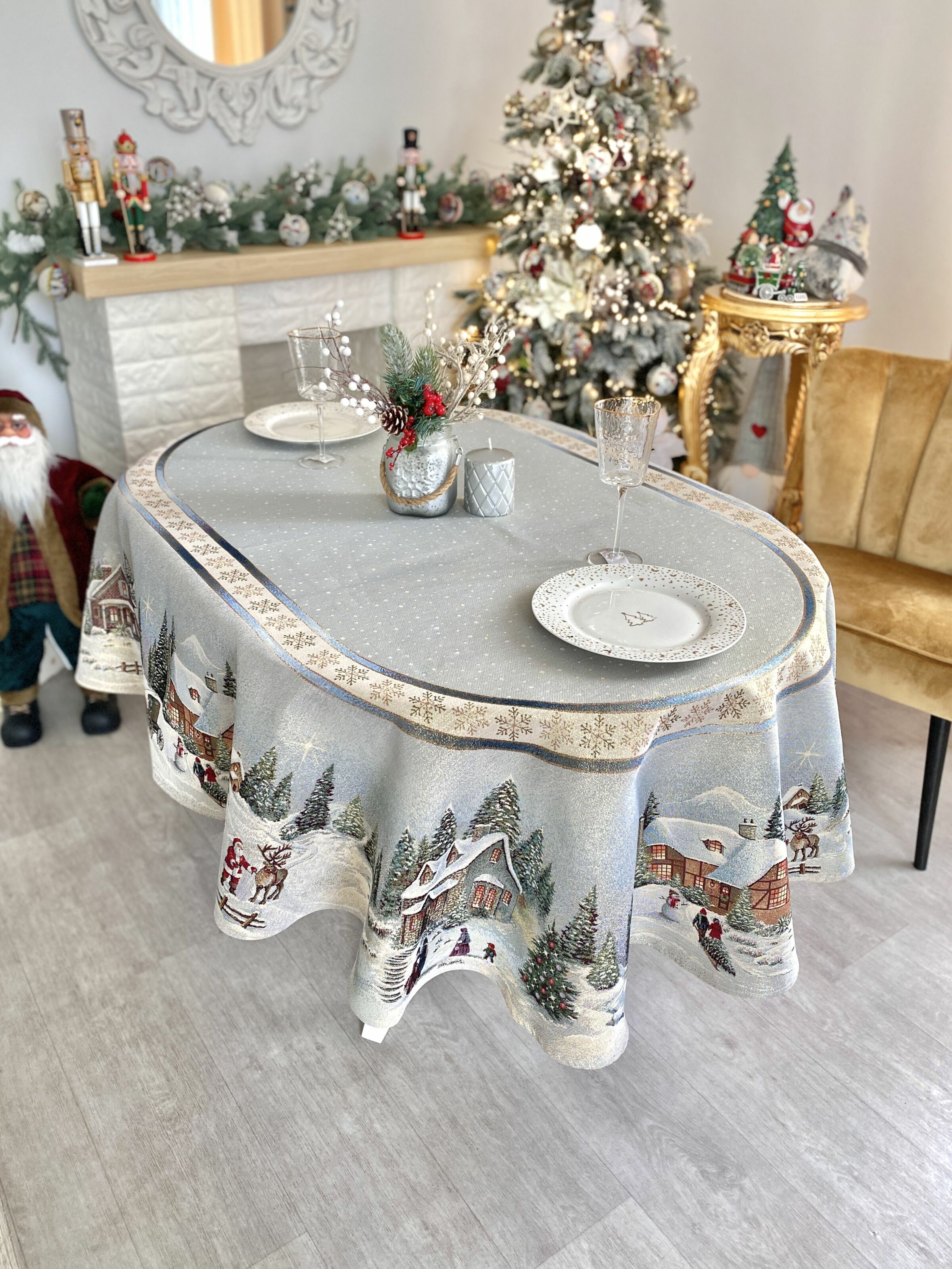 Скатертина гобеленова овальна OVAL723 Різдво в Карпатах Limaso, 160x220, Овальна, Новорічний, Золотий люрекс, 70% поліестер, 23% бавовна, 3% акрил, 4% металеве волокно, Гобелен - фото 6