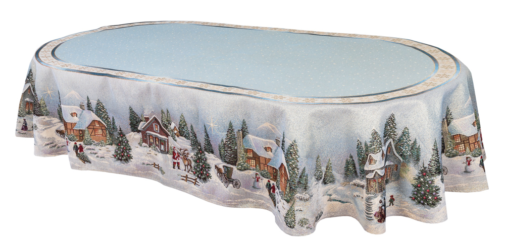 Скатертина гобеленова овальна OVAL723 Різдво в Карпатах Limaso, 160x300, Овальна, Новорічний, Золотий люрекс, 70% поліестер, 23% бавовна, 3% акрил, 4% металеве волокно, Гобелен
